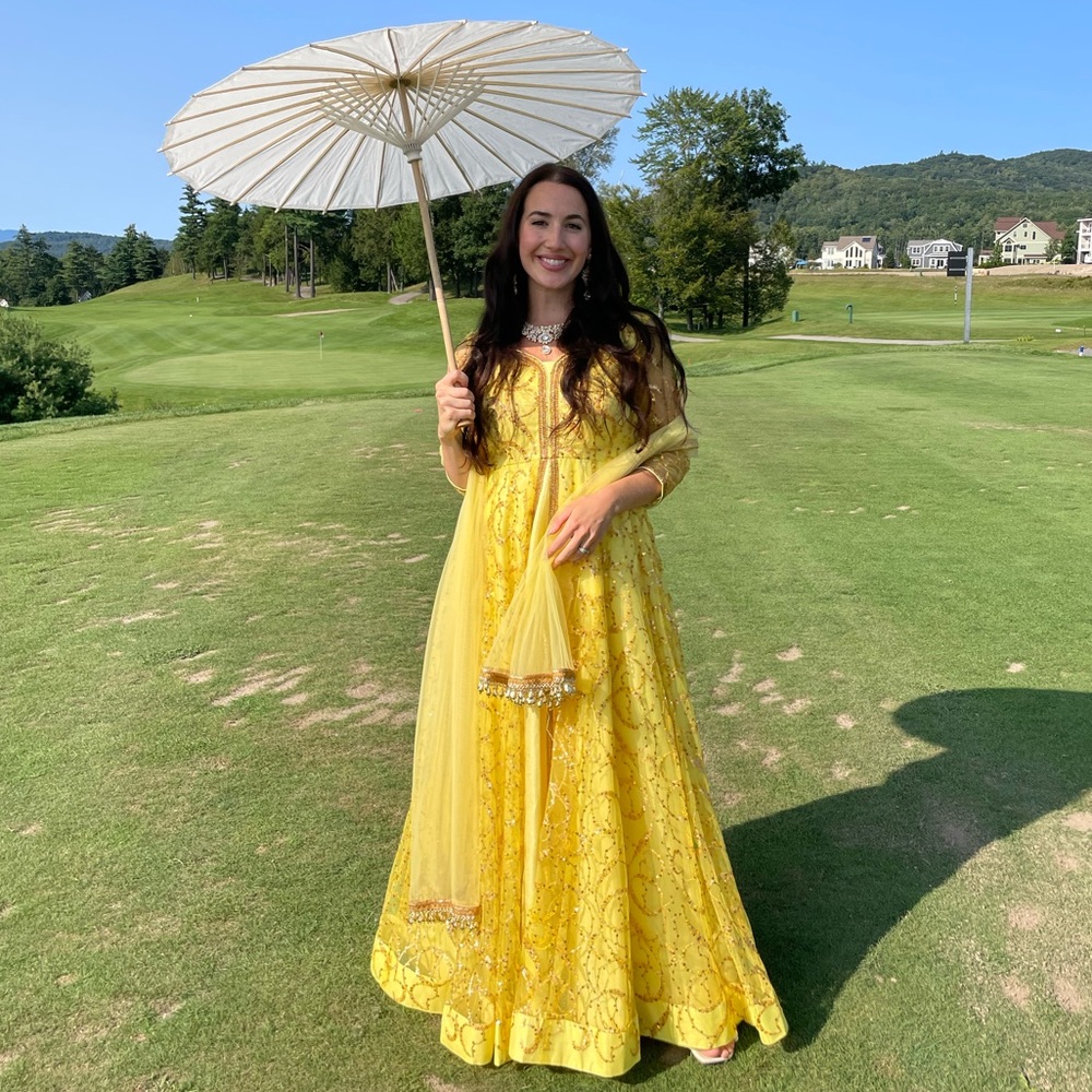 Golden Embellished Wedding Guest Dress for Traditional Indian Wedding - Picture 6 of 7